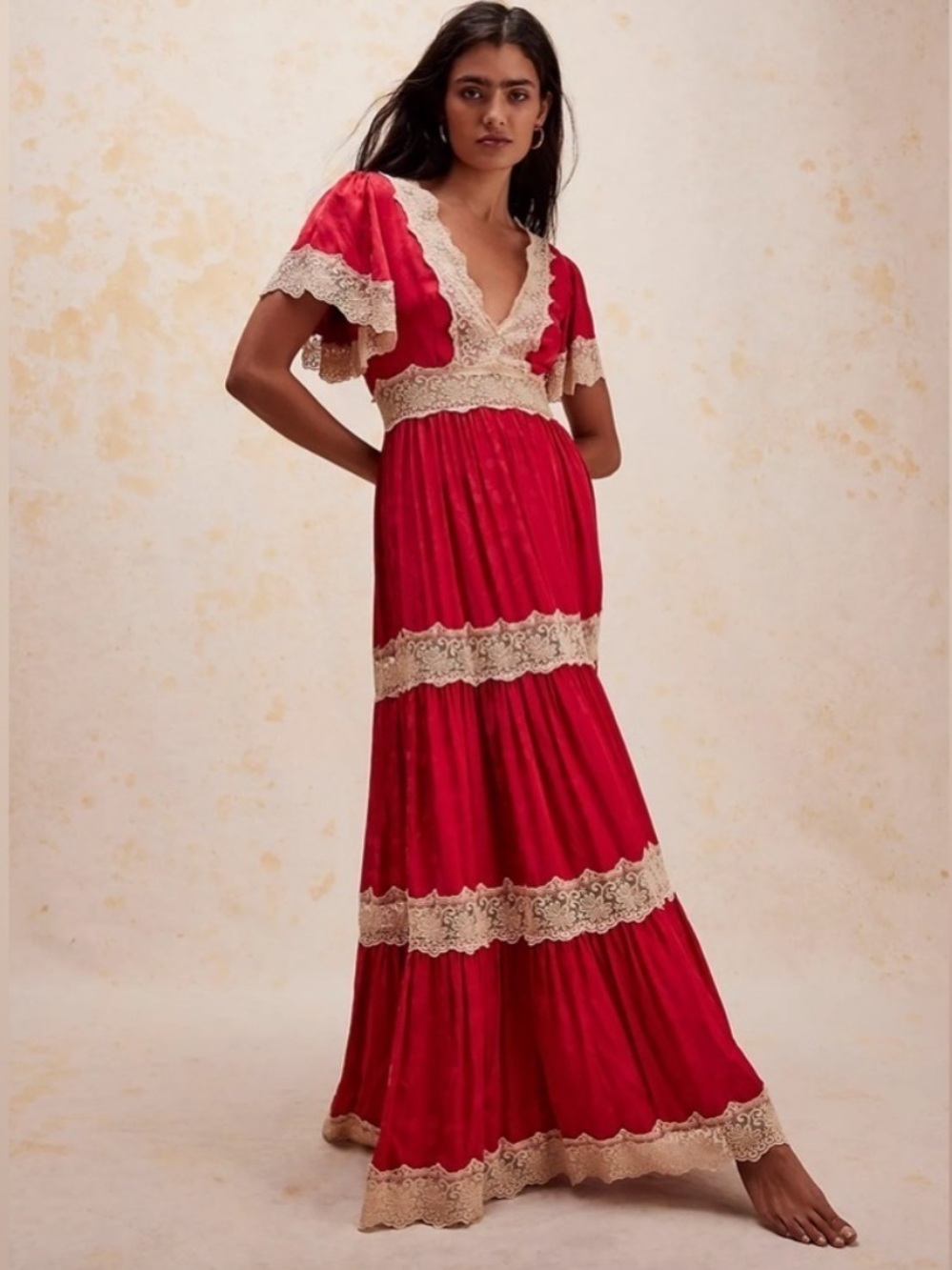 SPELL•Free People Ocean Red/Beige Lace Trim V-Neck Flutter Sleeve Maxi Dress XS